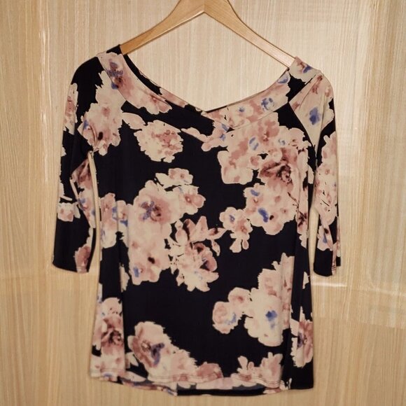 MTS Womens Navy Stretchy Floral Top Large - Picture 2 of 5
